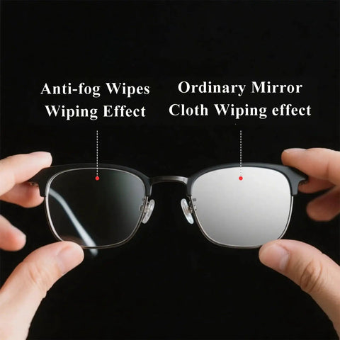 Comparison of anti-fog wipes and ordinary cloth on glasses lenses, showcasing "Anti Fog Lens Wipes For Glasses And Screens Scratchless 200 Moistened Wipes" effect.