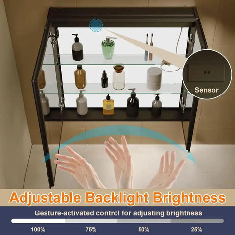 LED Lighted Bathroom Medicine Cabinet With Backlit Panel, USB Sockets, Anti Fog, showing gesture-controlled brightness adjustment.