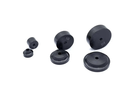 Three Piece Hole Punch And Flare Tool Set With Dimple Plate Dies In Black for 16 Gauge Steel, showing multiple black circular dies.