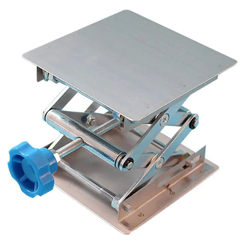 Stainless Steel Lab Jack Stand Scissor Lift Table 4x4 Inch Adjustable Height with blue knob, side view