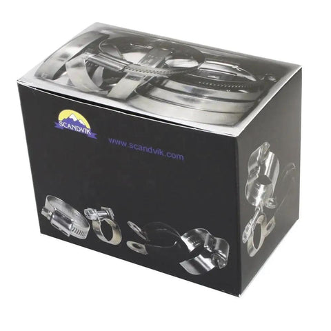 Box of Beefy 316 Stainless Steel Hose Clamps for marine and auto use, Scandvik 13670, SAE Size 36, 44 to 70mm, 10 pack.