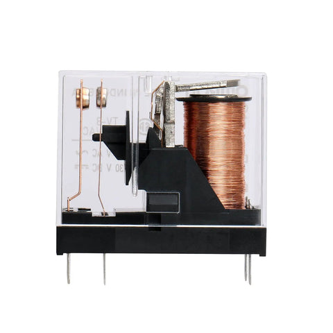 Side view of G2R 1A E DC12 General Purpose Relay with visible copper coil and SPST NO connections, designed for PCB mounting.