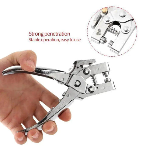 DIY Eyelet Setting Tool Pliers Kit With 100 Gold Grommets in hand, showing chrome steel build and ergonomic grip, ideal for crafting.