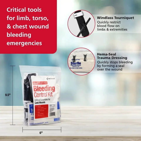 Bleeding Control Kit For Limb Wounds With Tourniquet 7 Pieces Portable First Aid Set shown with tourniquet and trauma dressing.