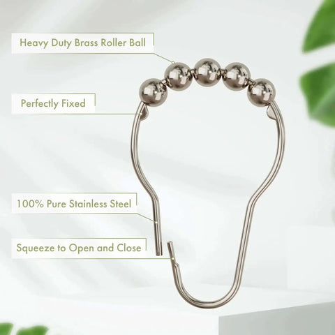 Close-up of Rustproof Stainless Steel Shower Curtain Hooks Set Of 12 For Bathroom Rods With Polished Nickel Finish showing roller ball design.