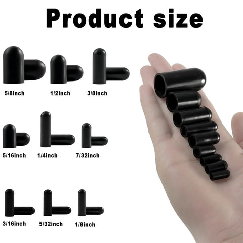 Hand holding 108 Piece Rubber Vacuum Caps Kit With Assorted Sizes For Carburetor And Engine Manifold Hoses, showing various cap sizes.
