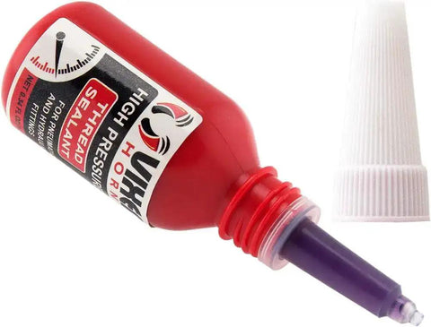 Purple Liquid Thread Sealant Kit For Hydraulic And Pneumatic Threaded Fittings, showing one open 10ml red bottle and cap