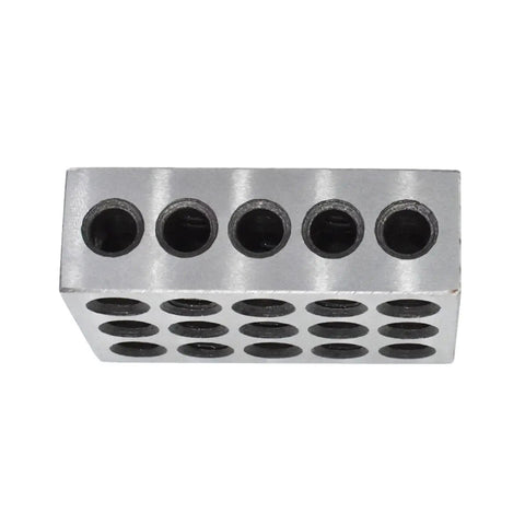 Close-up of a Five Pair 1-2-3 Blocks Set With 23 Holes For Precision Machining, showing tapped and untapped holes for clamping