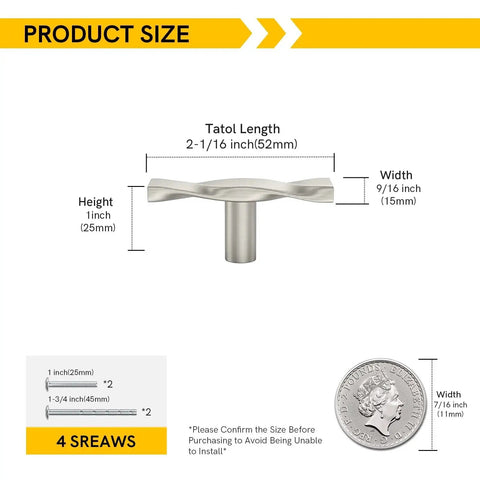 Image showing dimensions of 10 Pack Brushed Nickel Cabinet Knobs And Drawer Pulls Set In Solid Zinc Alloy, 52mm long, 25mm high.