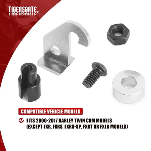 Front view of TIGERSGATE Twin Cam Easy Pull Clutch Kit; silver mounting bracket with black bushing and hardware.