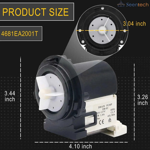 Front view of Seentech washer drain pump motor 4681EA2001T; black housing with white impeller, fits Kenmore/LG washers