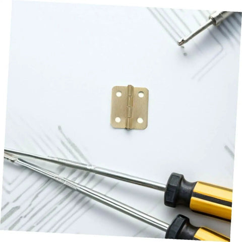 Miniature Iron Cabinet Hinges With Screws 40pcs For Jewelry Boxes And Wood Cases Round Corner Small Box Hinges 270 Degree Furniture Hardware For Chest Lid Concealed Installation, shown with screwdrivers.