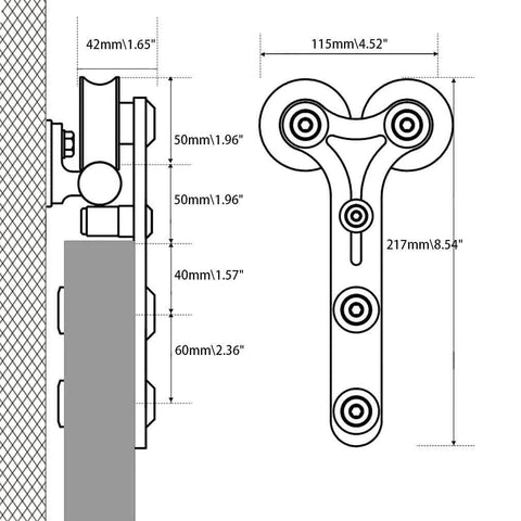 Technical diagram of 6Ft Barn Door Sliding Track Kit In Stainless Steel Heavy Duty Hardware For Single Wood Door Up To 220 Lbs Y Shape Hanger.