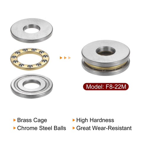 F8-22M miniature thrust ball bearings, 5 pcs, 8mm bore, 22mm OD, 7mm thick, chrome steel balls, brass cage
