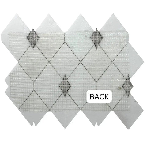 Back view of Thassos White Marble And Gold Glass Diamond Mosaic Tile 3 By 3.5 Inch Waterjet Cut Polished Wall And Floor Tile on mesh