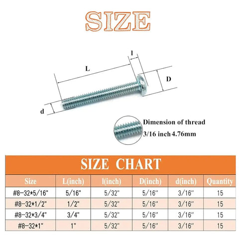 60 Piece Set Of Machine Screws Size Eight Thirty Two Thread Assortment Kit With Phillips Pan Head In Four Lengths Size Chart