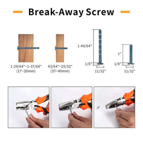 Break-away screw installation guide with pliers showing adjustable lengths, part of 10 Pack 4 Inch Matte Black Cabinet Handles