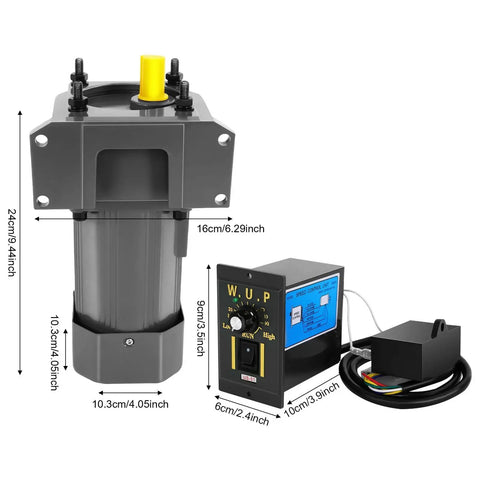 250W 110V AC Gear Motor With Variable Speed Controller And Mounting Bracket, 5K Gear Ratio, 8 Nm Torque, dimensions labeled