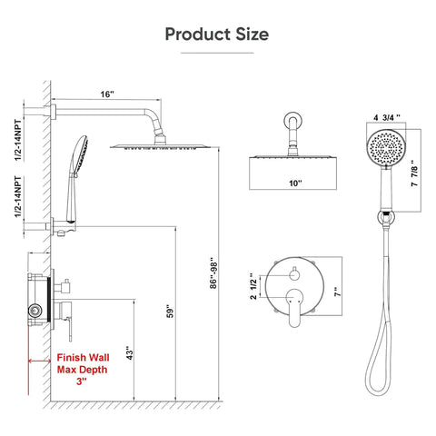 Diagram of Brushed Gold Shower Head System From Gabrylly With 10 Inch Rainfall Head And 5 Setting Handheld Sprayer Solid Brass Pressure Balance Valve High Pressure Shower Fixtures For Consistent Temperature And Luxurious Shower Experience, showing product dimensions.