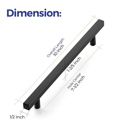 Dimensions of 5 Pack 10 Inch Matte Black Square Cabinet Pulls Stainless Steel Kitchen Cupboard Dresser Handles with 7.5 Inch Centers