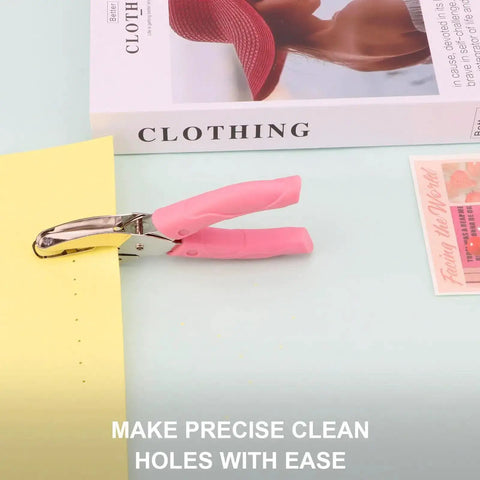 Handheld 1/16 Inch Circle Hole Puncher With Soft Grip Sturdy Metal Small Circle Punch for tags and crafts, shown on a table with paper.