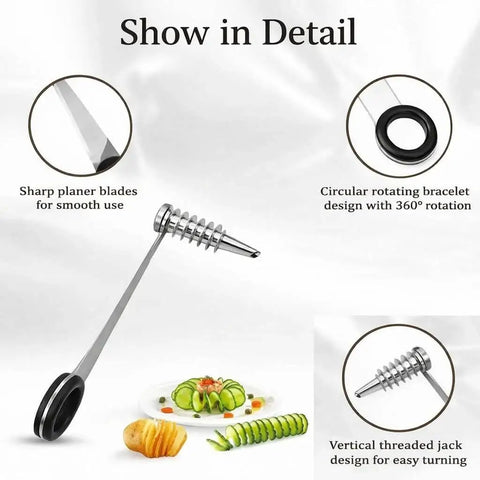 Spiral Vegetable Cutter Set With Stainless Steel Piranha Style Spiral Cutter And Carrot Curler Tool For Potatoes Cucumbers And Carrots Includes Flower Maker For Garnish And Decorative Dishes showing components and garnished dishes.