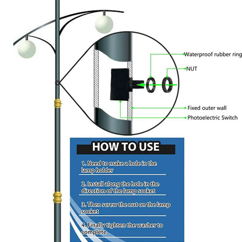Diagram of Outdoor Photocell Light Sensor Switch For Dusk To Dawn Auto On Off installation on lighting post