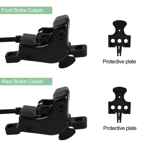 Bike hydraulic brake caliper set, front and rear, black with protective plates and mounting brackets