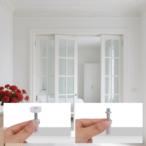 Six Piece Bi-Fold Door Top Roller Guide Wheels And Top Pivot Kit With Spring Loaded displayed against installed folding doors