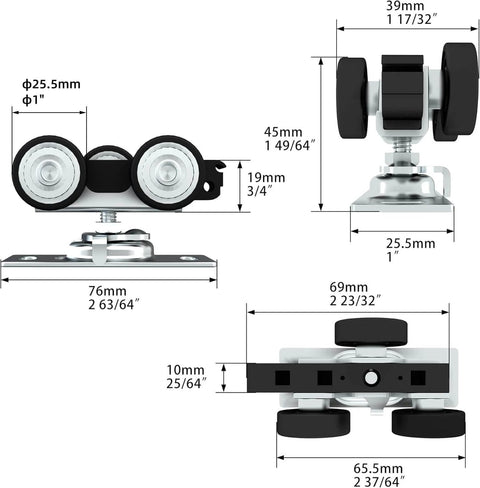 Heavy Duty Pocket Door Roller Assembly Kit with Top Mounted Hangers, multiple views, dimensions, 3.18 inch roller length, 1.54 inch wide.