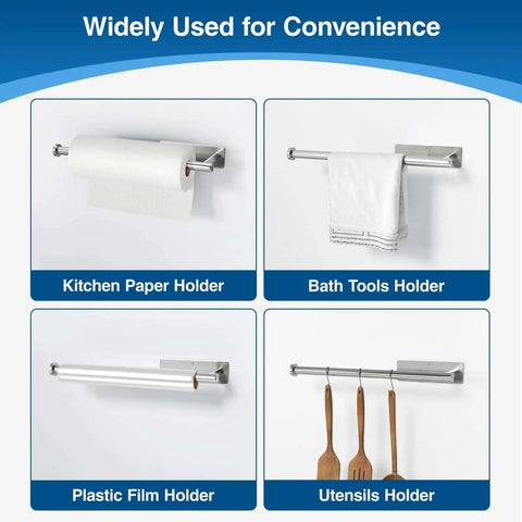 Four uses of Stainless Steel Paper Towel Holder With Self Adhesive Or Drilling Mount Brushed Nickel Finish in kitchen and bath settings