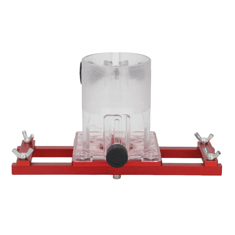 Wood Trimmer Router Base for 65mm Machine, 2 in 1 Aluminum Alloy Slotting Bracket, front view of transparent and red tool