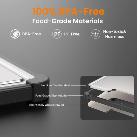 Close-up of Extra Large Dual Sided Stainless Steel Cutting Board With 316 Stainless showcasing non-toxic food-grade materials.