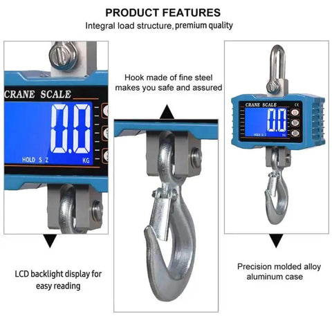 Built Tough Workhorse Hanging Scale Digital Crane Scale 1000kg 2204lb With LCD Backlight Unit Change Data Hold Tare Zero features