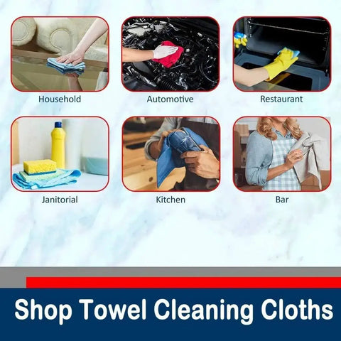 Image showing uses for 90 Pack Blue Cotton Shop Towels 14 By 12 Inches Reusable Rags for various cleaning applications.