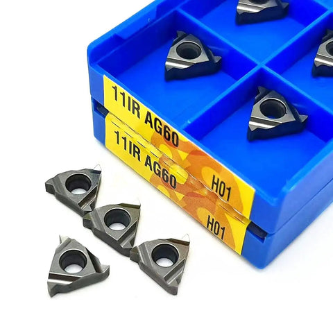Threaded Turning Tool Aluminum Insert For 11IR 11ER AG60 H01 Lathe Tools CNC Threaded Insert 10 Pack One Box Color AG60 H01 Pro Grade Built To Last Durable Hard Alloy For Precision Turning displayed in blue plastic box