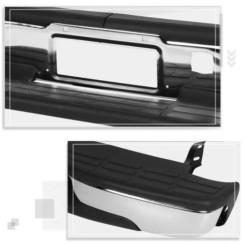 Close-up of rear step bumper with license plate lights for Chevy Silverado GMC Sierra, featuring chrome finish and ABS material.