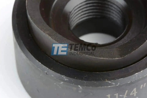 Close-up of heavy duty one and a quarter inch conduit punch and die kit for hydraulic knockout driver with M20 by one point five thread.