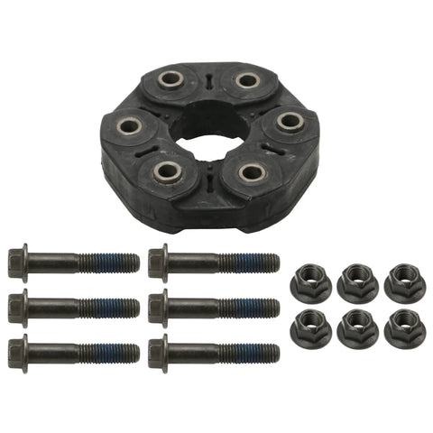 MOOG 670 steering shaft flex coupling disc kit; black plastic hub with six bolts and eight nuts.