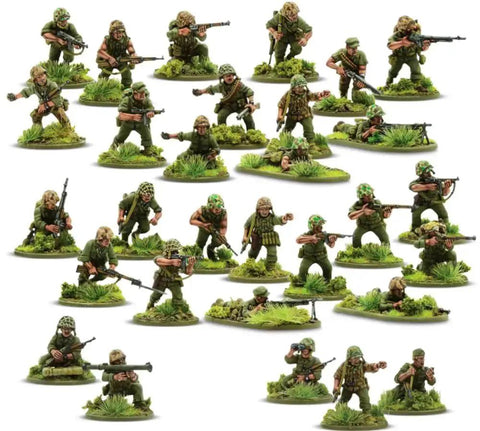 Pacific Theater US Marines Bolt Action 28mm miniatures set, unpainted plastic tabletop figures for WWII gaming and collectors.