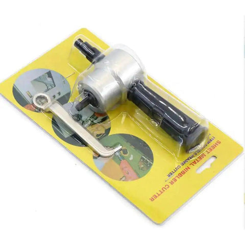 Heavy Duty Double Head Metal Sheet Nibbler Cutter And Hole Saw Drill Attachment packaged, featuring two-head design for precise cuts.