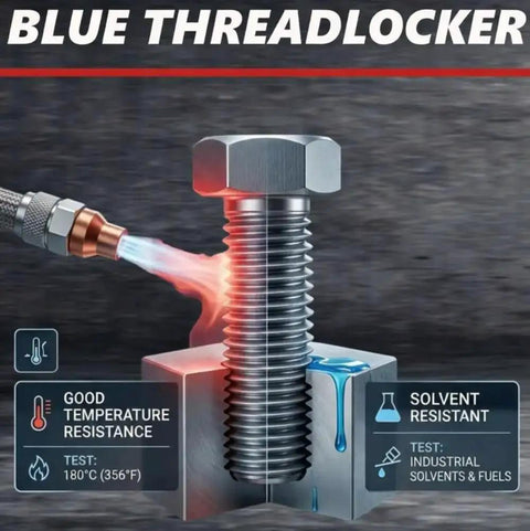 Blue Medium Strength Thread Locker For Metal Fasteners, 0.20 Oz Bottle in use on bolt, showing heat and solvent resistance