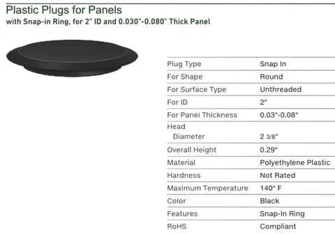 2 Inch Flush Mount Black Polyethylene Hole Plug For Sheet Metal For 2 Inch ID Holes Panel Thickness 0.03 To 0.08 Inches Head Diameter 2 3/8 Inches Pack Of 10