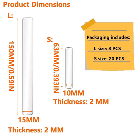 Dimensions of Clear Silicone Wall Bumpers, 28 pieces. Includes 150x15x2mm and 63x10x2mm sizes with packaging details.