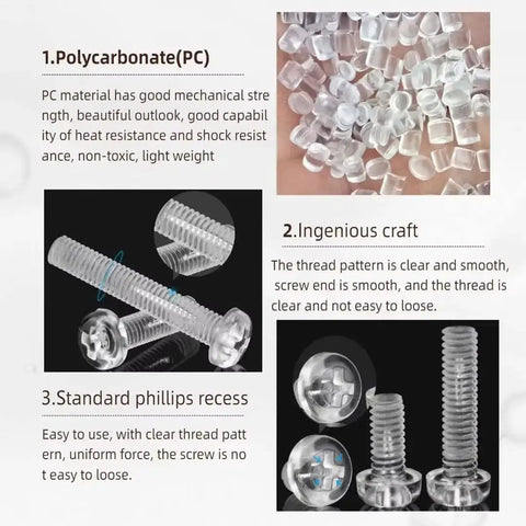 DIY Ready Transparent Polycarbonate Phillips Pan Head Screw Kit, 500 Pcs, M2 To M2.6, in various lengths, shown with details