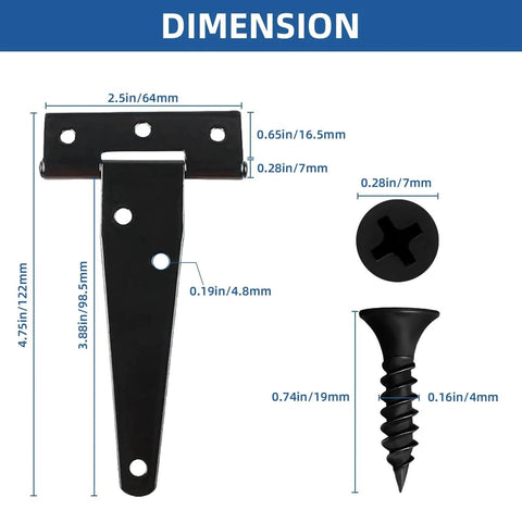 Dimensions diagram of 4 inch black wrought iron Light Duty T Strap Hinges for Barn Doors and Gates with corresponding black screws.