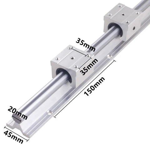 Pro Grade SBR20 Linear Rail Kit 1500mm With 4 SBR20UU Bearing Blocks for CNC routers, shown with detailed measurements on one rail.