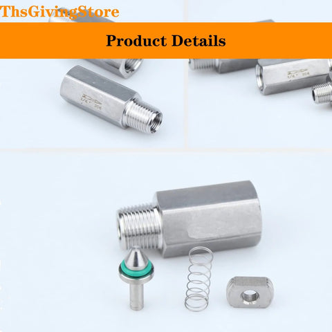 Check valve, 1/4 in NPT stainless steel (304) disassembled: threaded body, spring, valve core, and green O-ring.