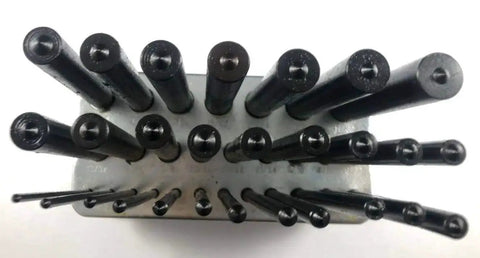 Top view of 28 Piece Transfer Punch Set From Three Thirty Second To One Half Inch By One Sixty Fourth Inch Plus Seventeen Thirty Second Inch Heat Treated Tool Steel