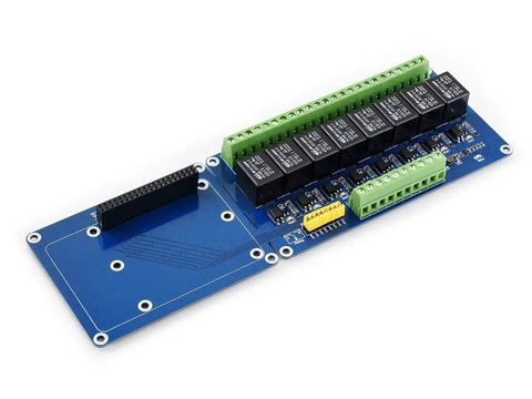 8 Channel Relay Expansion Board for Raspberry Pi and Jetson Nano 5V Power Supply GPIO Ready Controls High Voltage Home Appliances Up To 5A 250V AC with Photo Coupling Isolation and Rail Mount Case, close-up view.